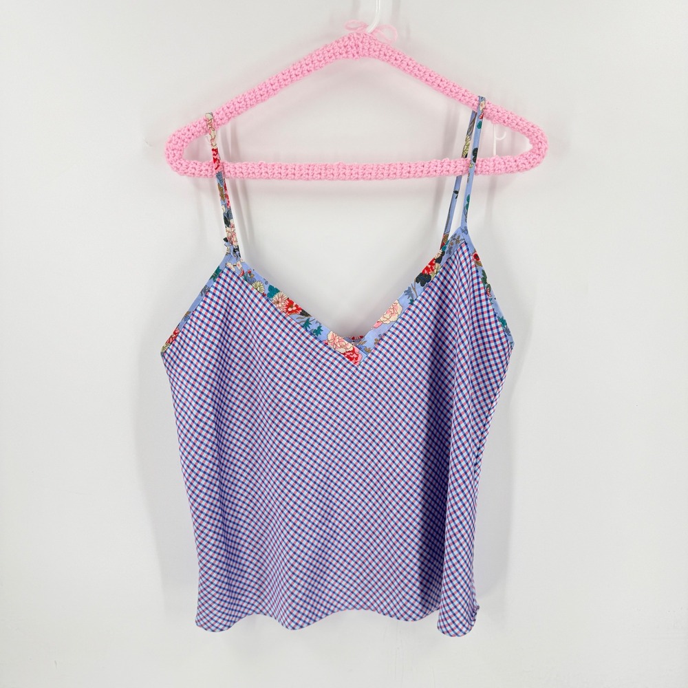 Vintage Y2K Cruz Cami Top Blue XL Gingham Floral Trim Spaghetti Strap Picnic